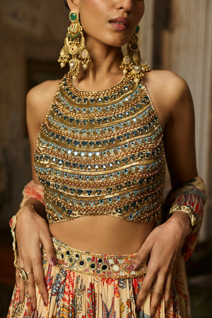 BEIGE EMBROIDERED BLOUSE WITH PRINTED AND EMBROIDERED LEHENGA SET