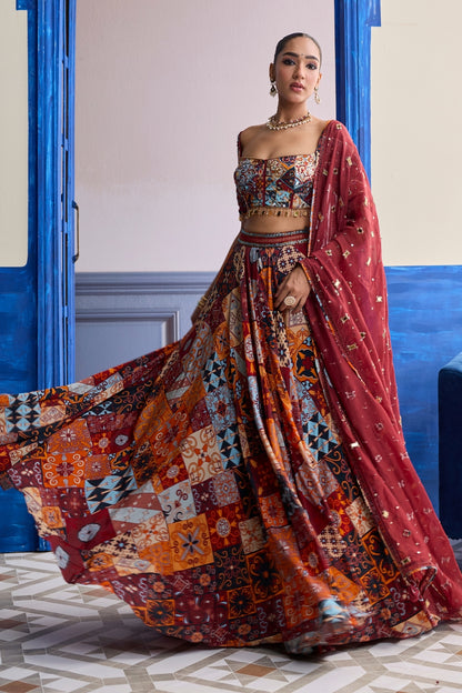 RUST HIGHLIGHTED BLOUSE WITH LEHENGA & EMBROIDERED DUPATTA SET