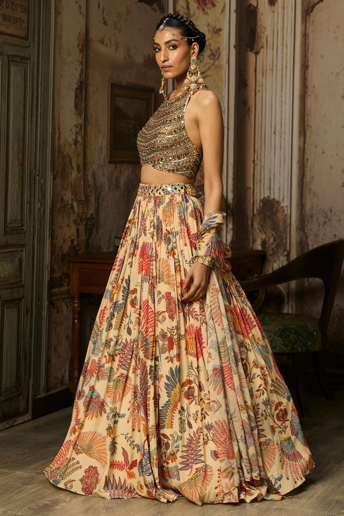 BEIGE EMBROIDERED BLOUSE WITH PRINTED AND EMBROIDERED LEHENGA SET