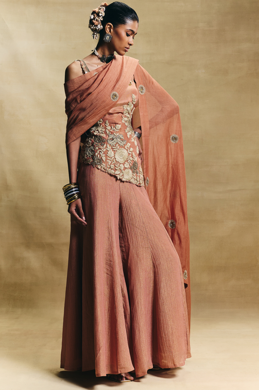 Peach  Crush Tissue Gharara Set