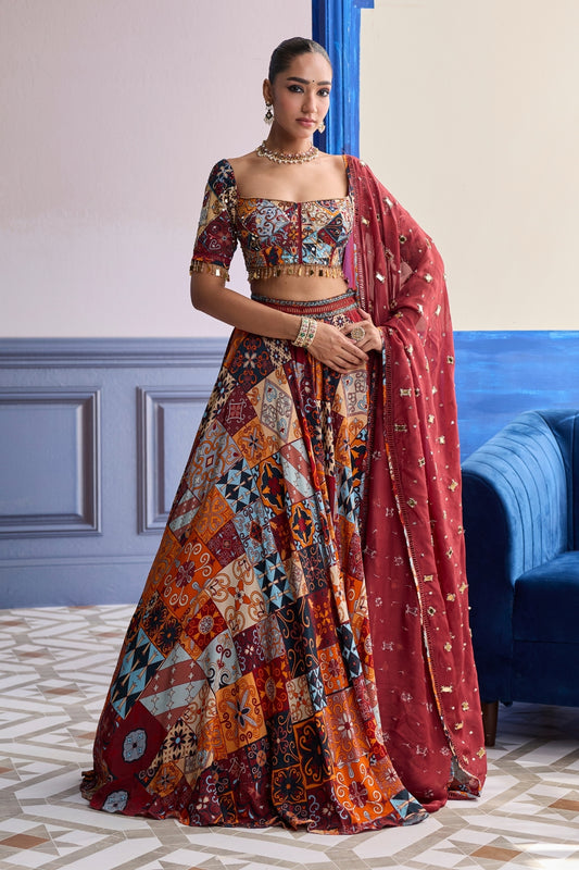 RUST HIGHLIGHTED BLOUSE WITH LEHENGA & EMBROIDERED DUPATTA SET