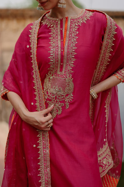 Arwa - Hot Pink Long Kurta Set with Salwar & Dupatta