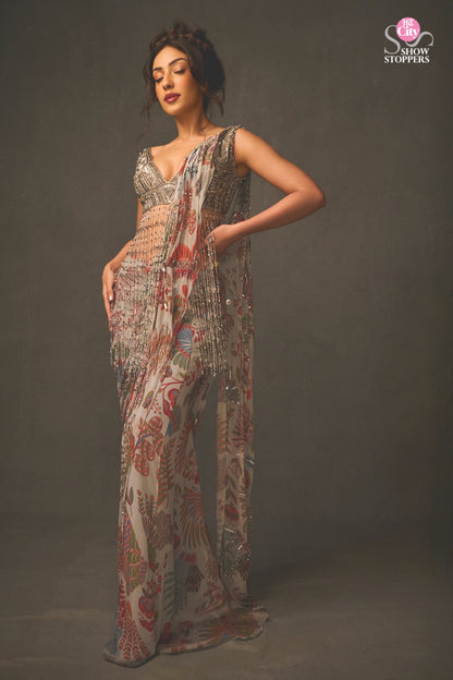 SAHHER BAMBBA IN SLATE GREY EMBROIDERED BLOUSE WITH DHOTI SKIRT SAREE SET