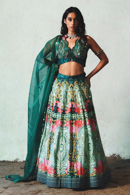 Bottle Green Chiffon Hand Embellished Lehenga Set