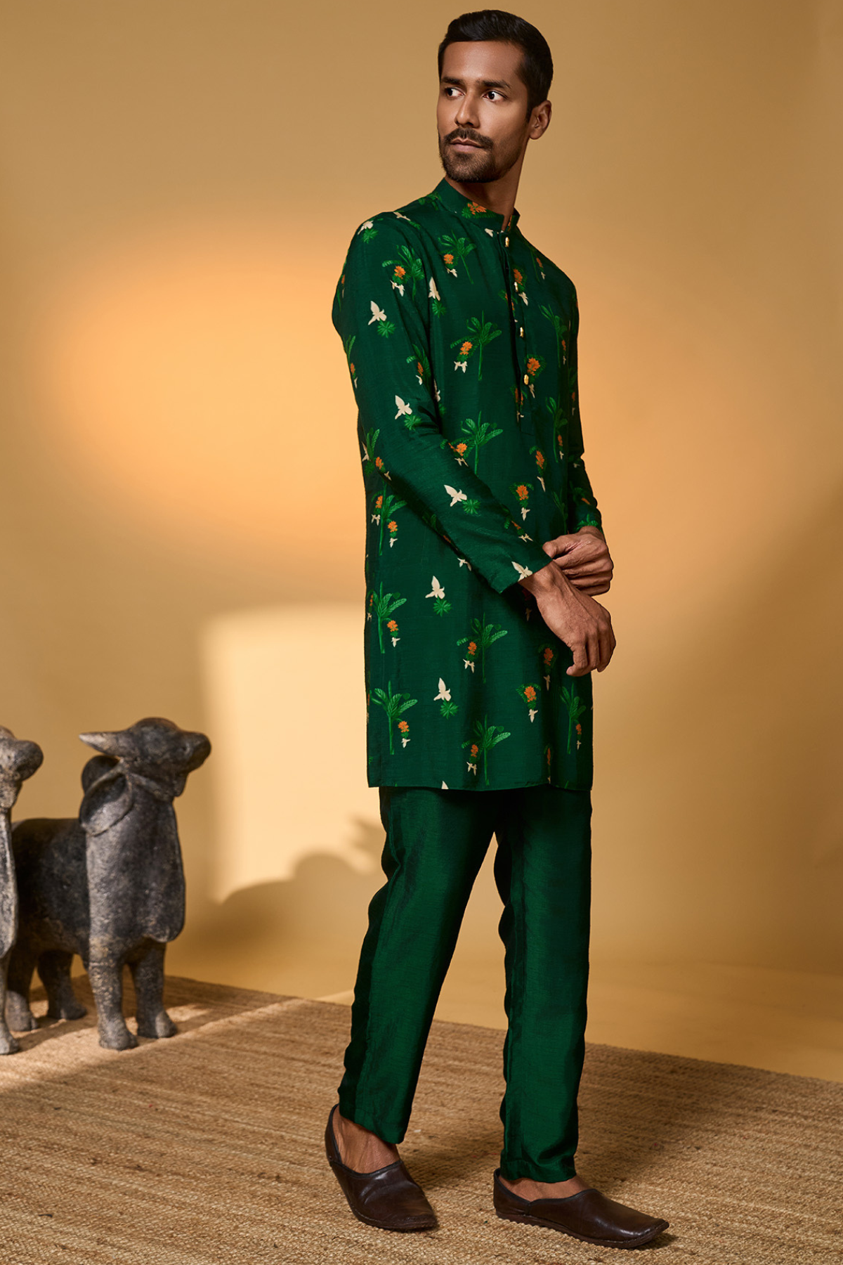 Bottle Green Tropical Kurta Set