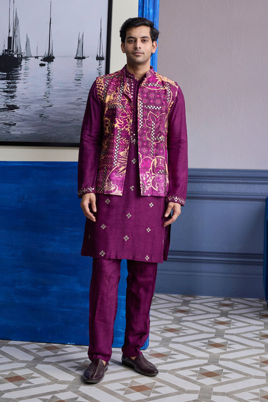 PLUM PRINT HIGHLIGHTED BUNDI WITH SOLID EMBROIDERED KURTA WITH SOLID PANTS