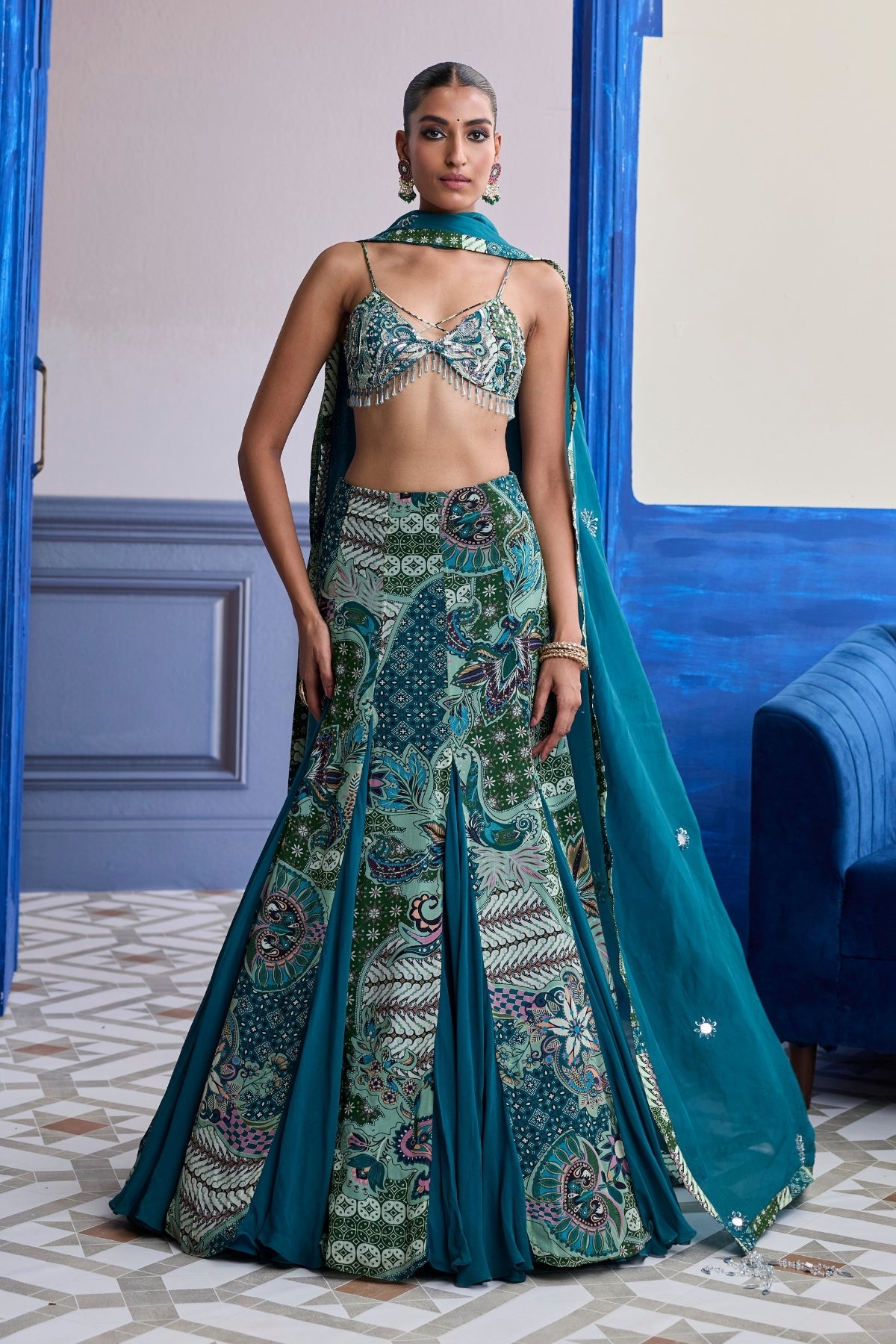 GREEN FLORAL BLOUSE WITH GODET SKIRT & EMBROIDERED DUPATTA SET