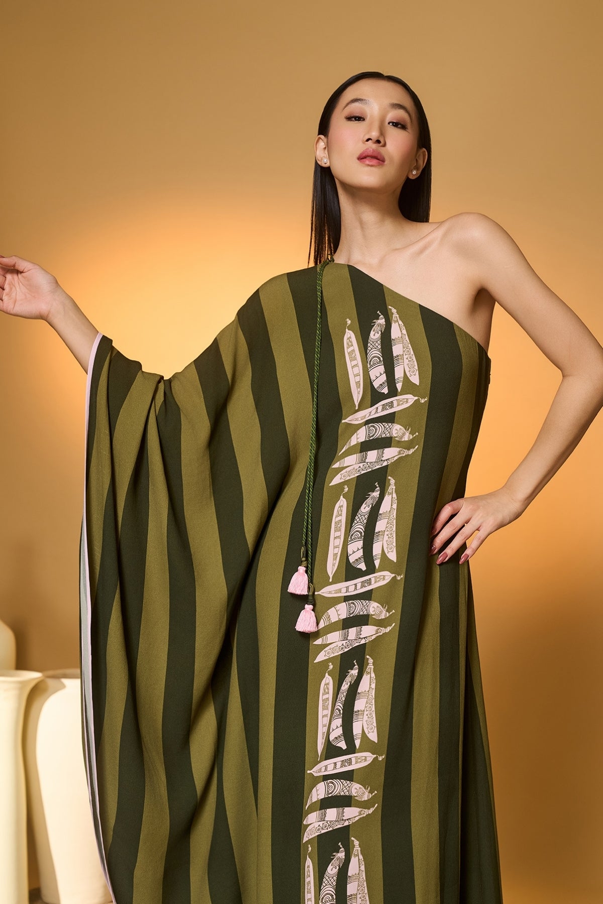 Green Totem Pod One Shoulder Kaftan