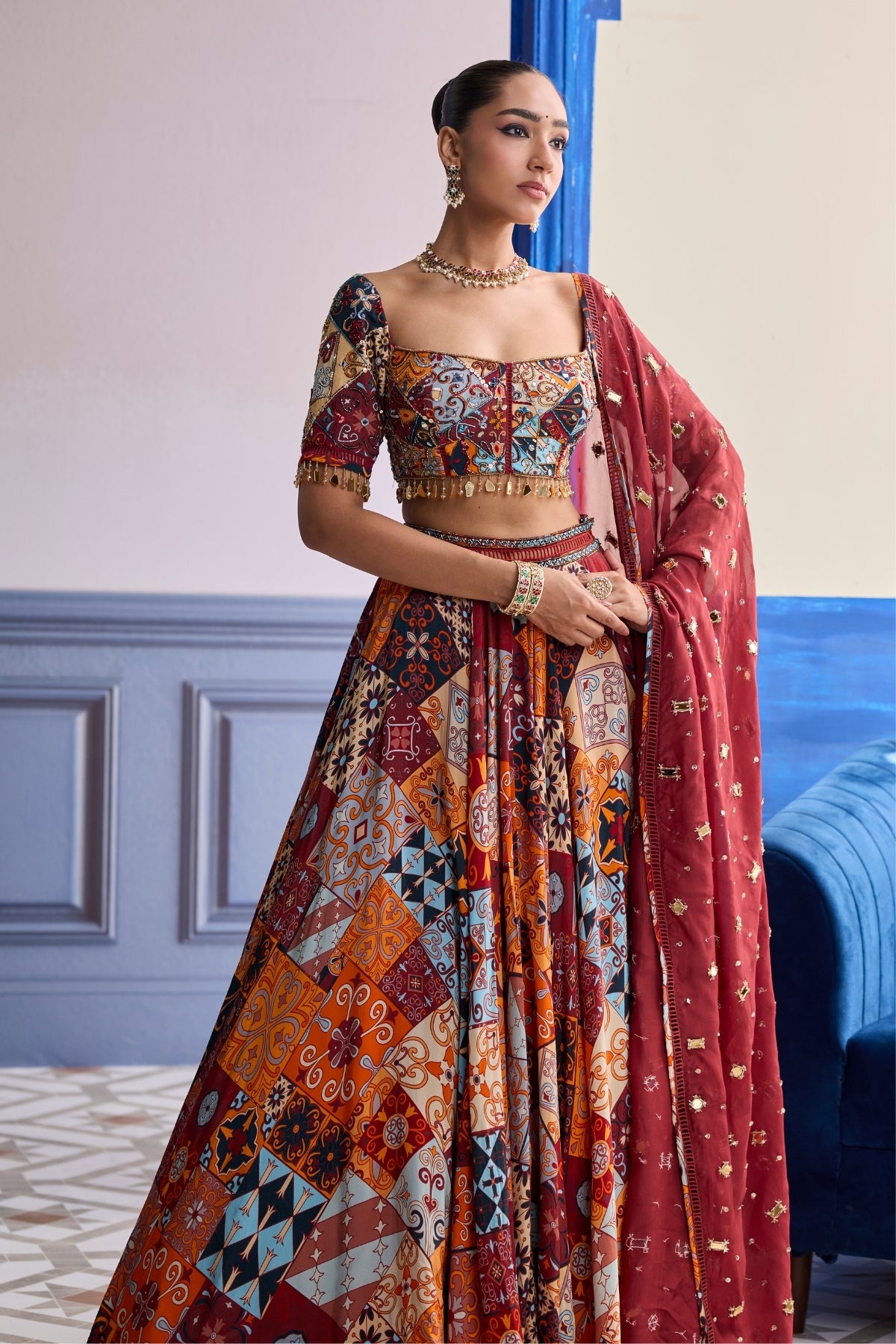 RUST HIGHLIGHTED BLOUSE WITH LEHENGA & EMBROIDERED DUPATTA SET
