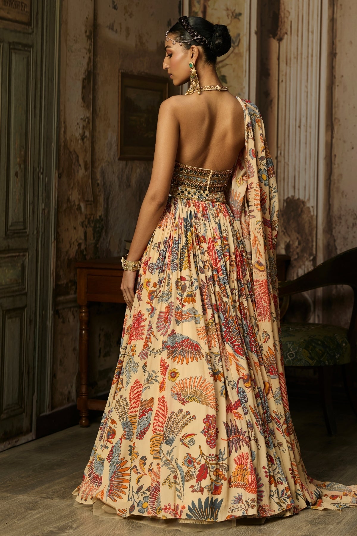 BEIGE EMBROIDERED BLOUSE WITH PRINTED AND EMBROIDERED LEHENGA SET