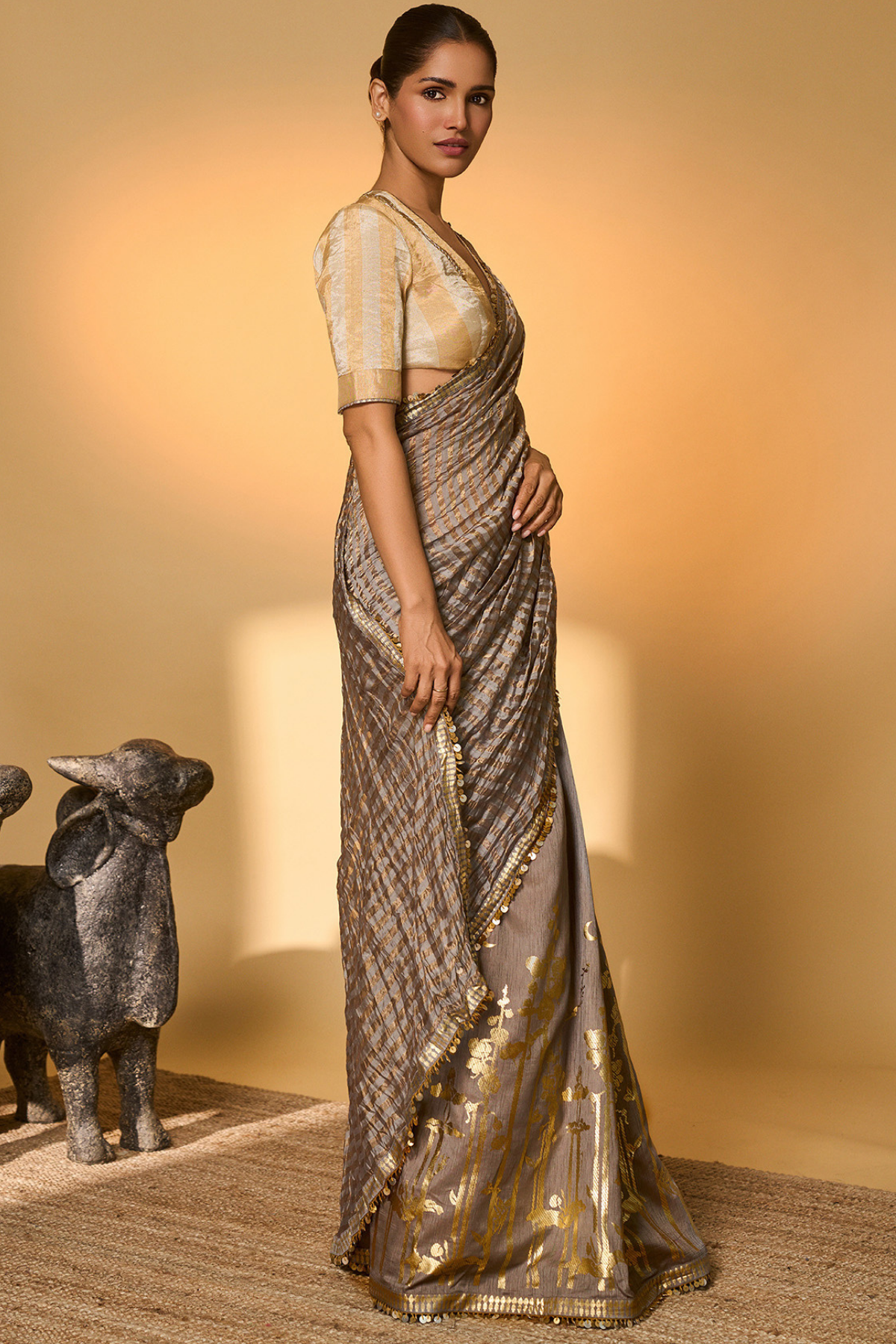Grey Moonfield Zari Stripes Saree
