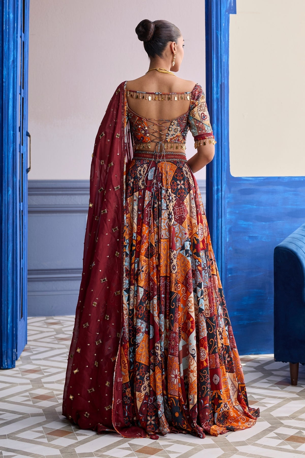 RUST HIGHLIGHTED BLOUSE WITH LEHENGA & EMBROIDERED DUPATTA SET