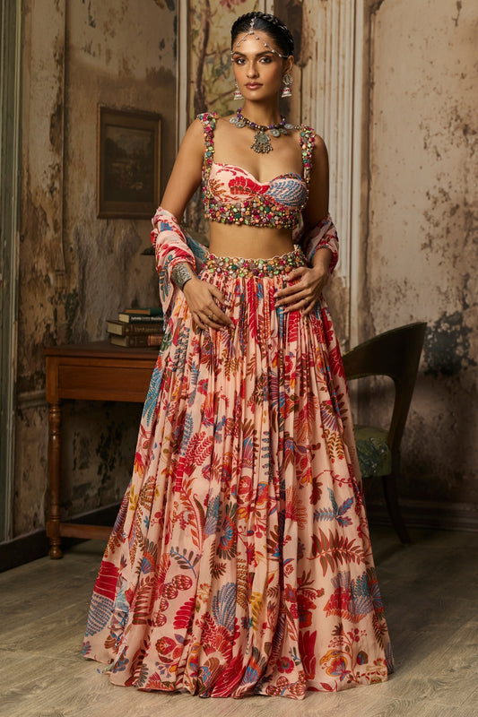 BLUSH PINK STONE EMBROIDERED BLOUSE WITH PRINTED LEHENGA SET
