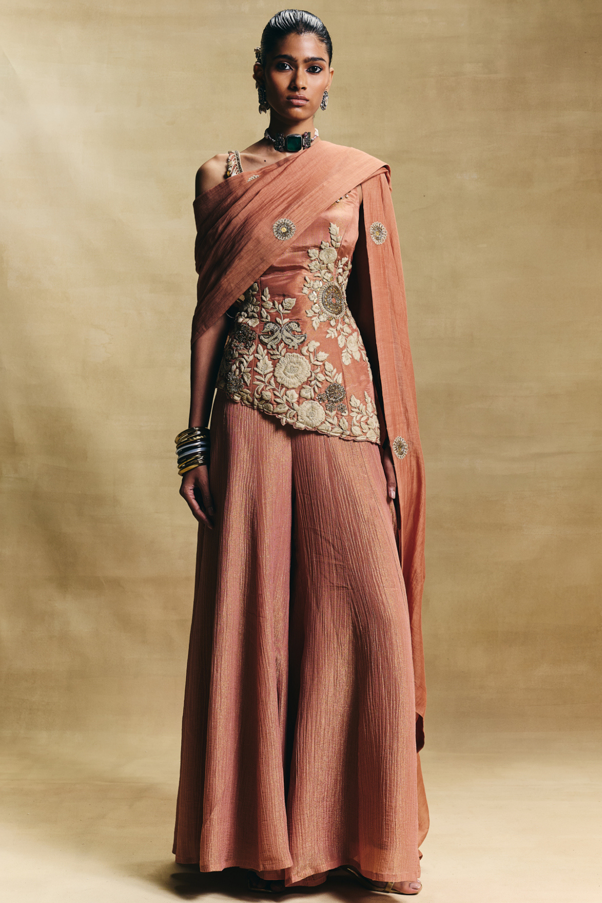 Peach  Crush Tissue Gharara Set