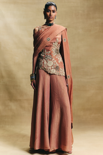 Peach  Crush Tissue Gharara Set