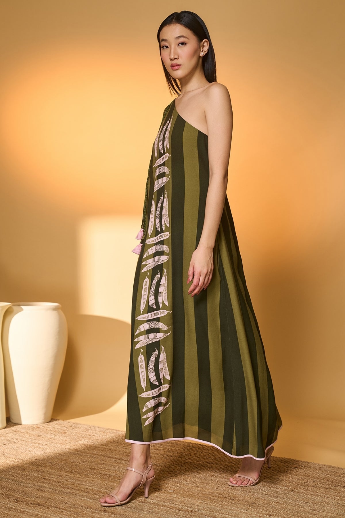 Green Totem Pod One Shoulder Kaftan