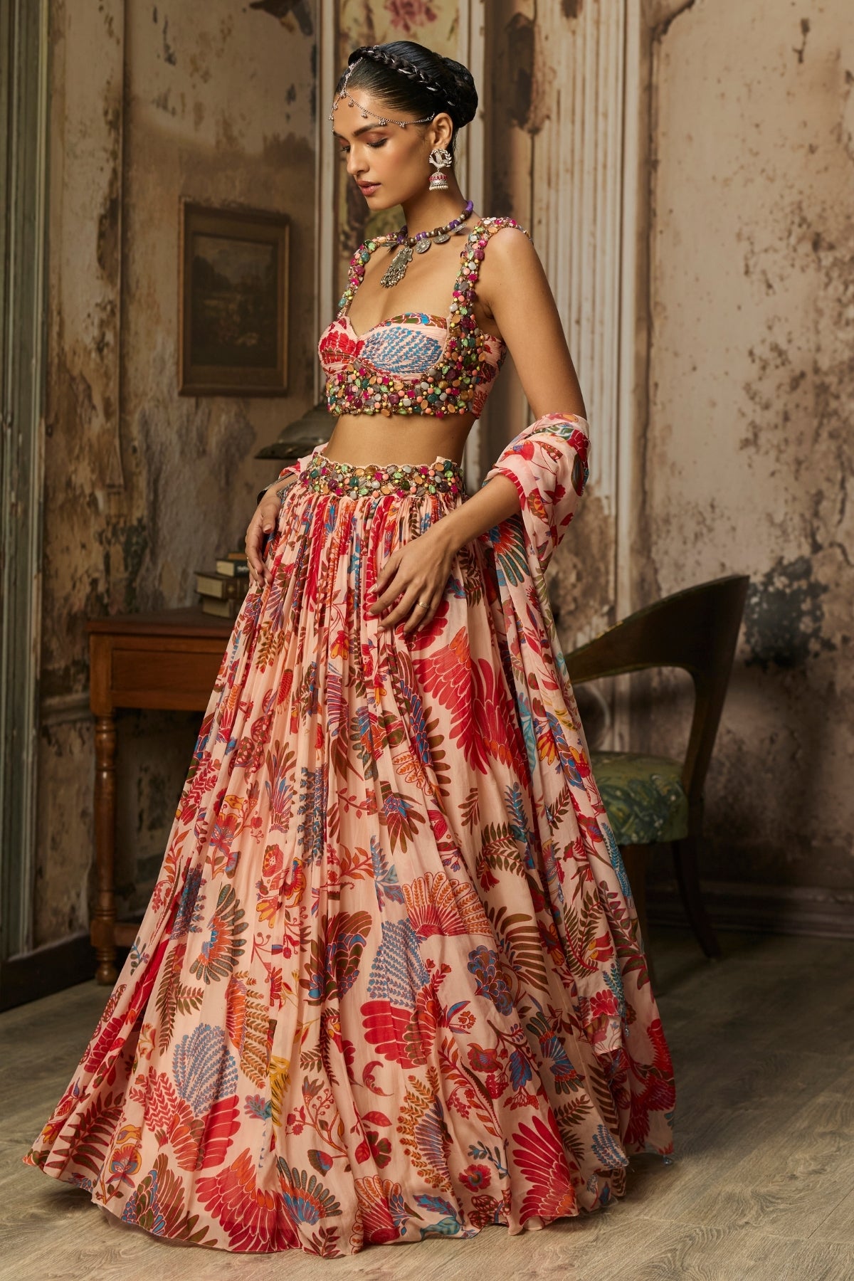 BLUSH PINK STONE EMBROIDERED BLOUSE WITH PRINTED LEHENGA SET