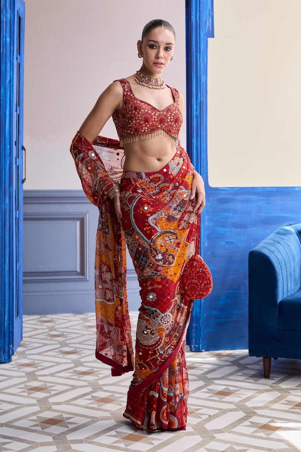 RUST MOSAIC HIGHLIGHTED BLOUSE WITH CLASSIC SKIRT SAREE SET