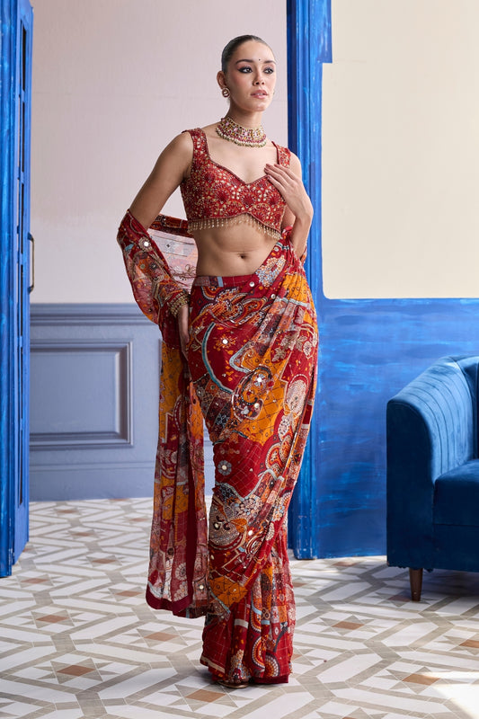 RUST MOSAIC HIGHLIGHTED BLOUSE WITH CLASSIC SKIRT SAREE SET