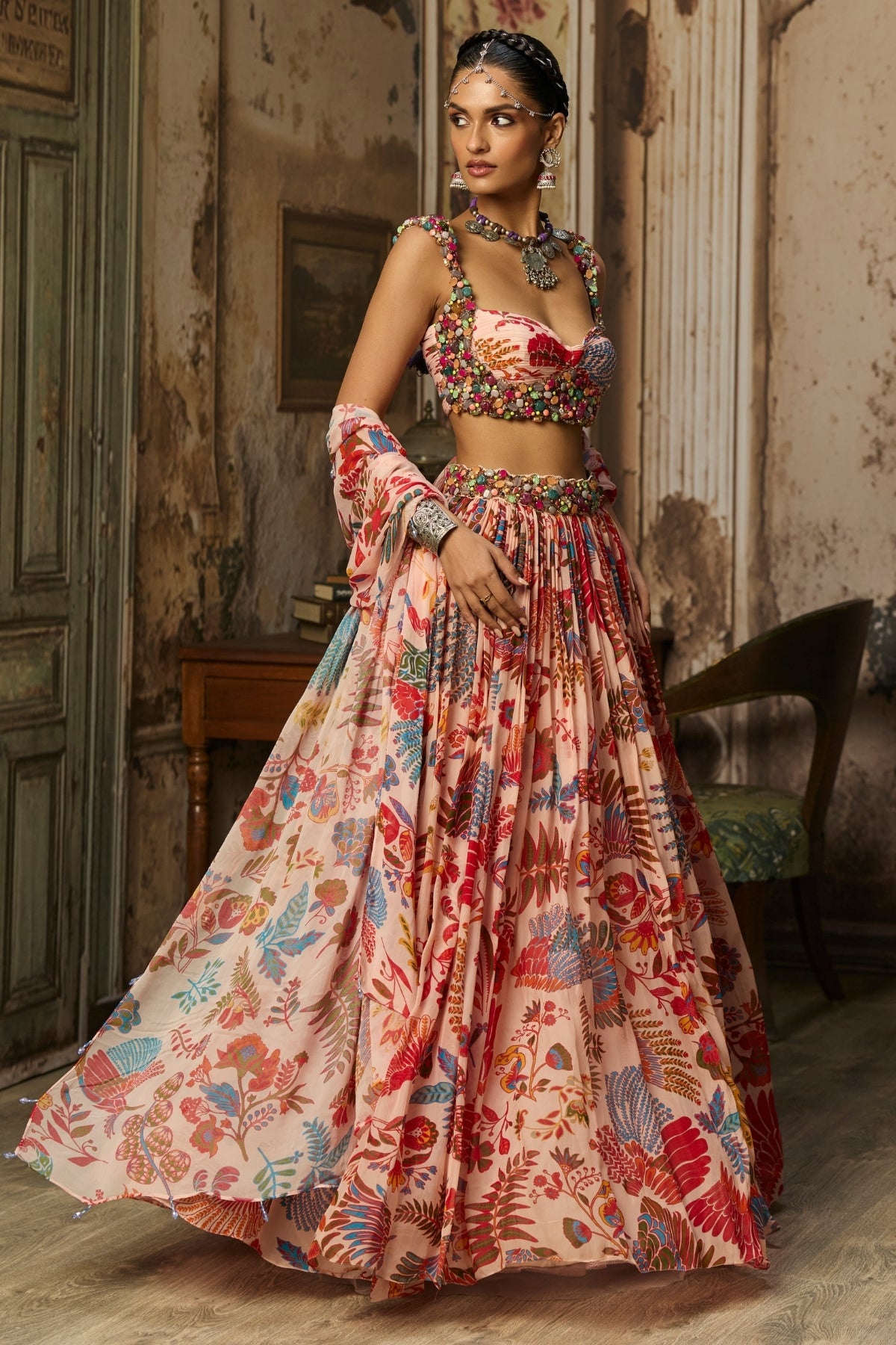 BLUSH PINK STONE EMBROIDERED BLOUSE WITH PRINTED LEHENGA SET
