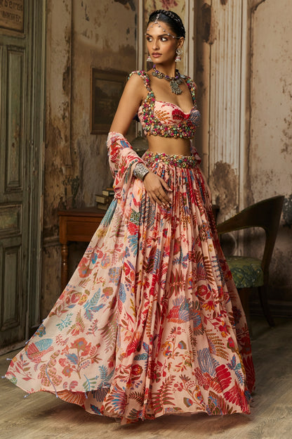 BLUSH PINK STONE EMBROIDERED BLOUSE WITH PRINTED LEHENGA SET