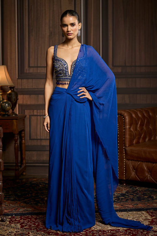 ELECTRIC BLUE EMBELLISHED BLOUSE AND PRE-DRAPED DHOTI SAREE SET