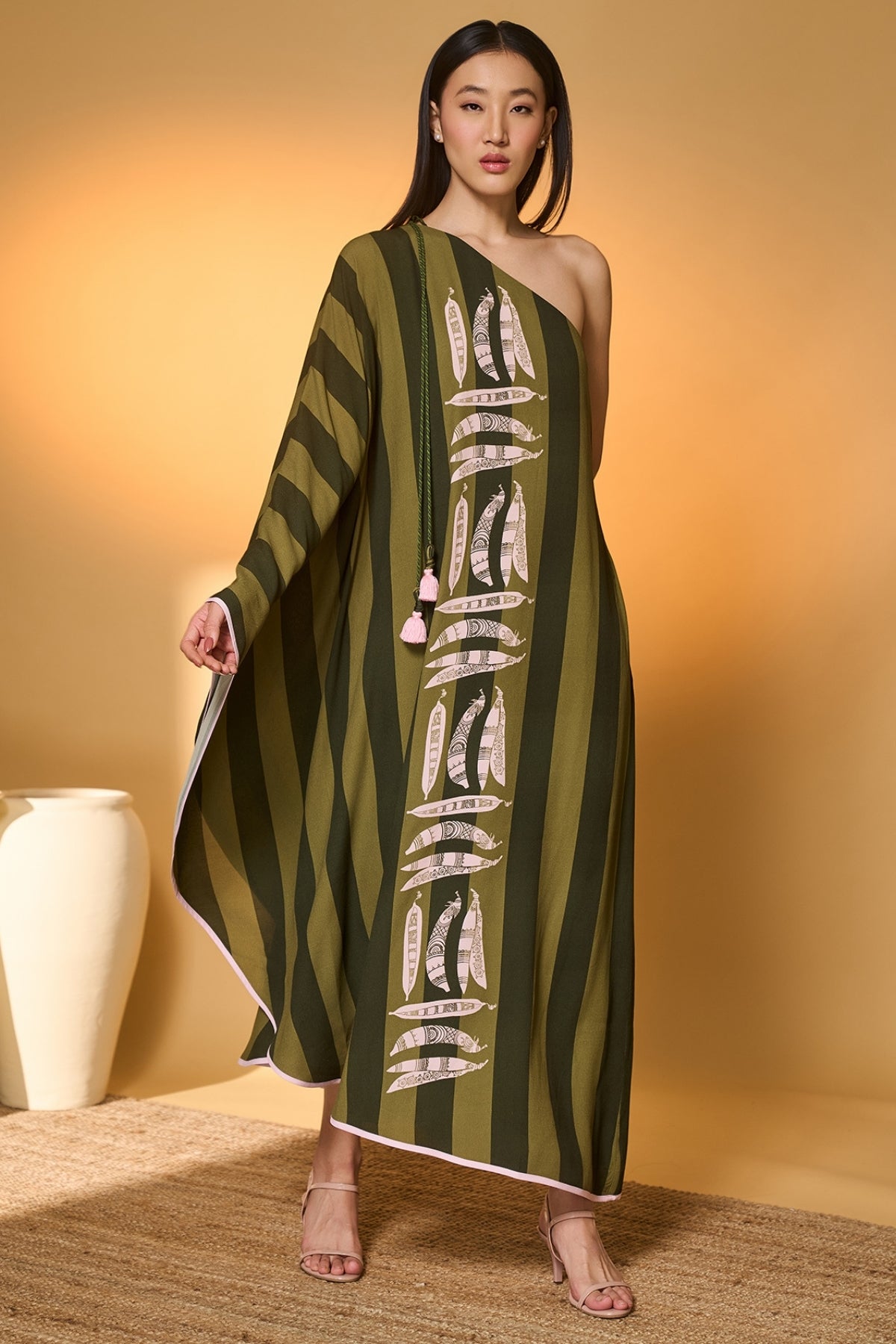 Green Totem Pod One Shoulder Kaftan