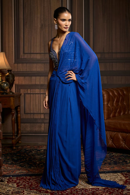 ELECTRIC BLUE EMBELLISHED BLOUSE AND PRE-DRAPED DHOTI SAREE SET