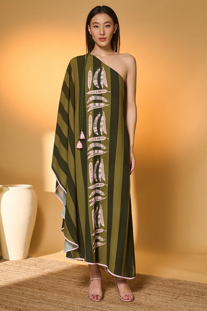 Green Totem Pod One Shoulder Kaftan