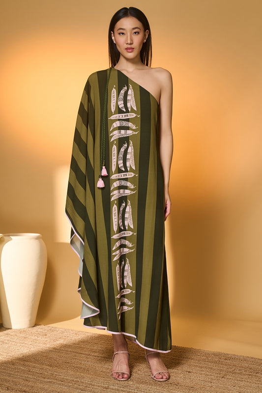 Green Totem Pod One Shoulder Kaftan