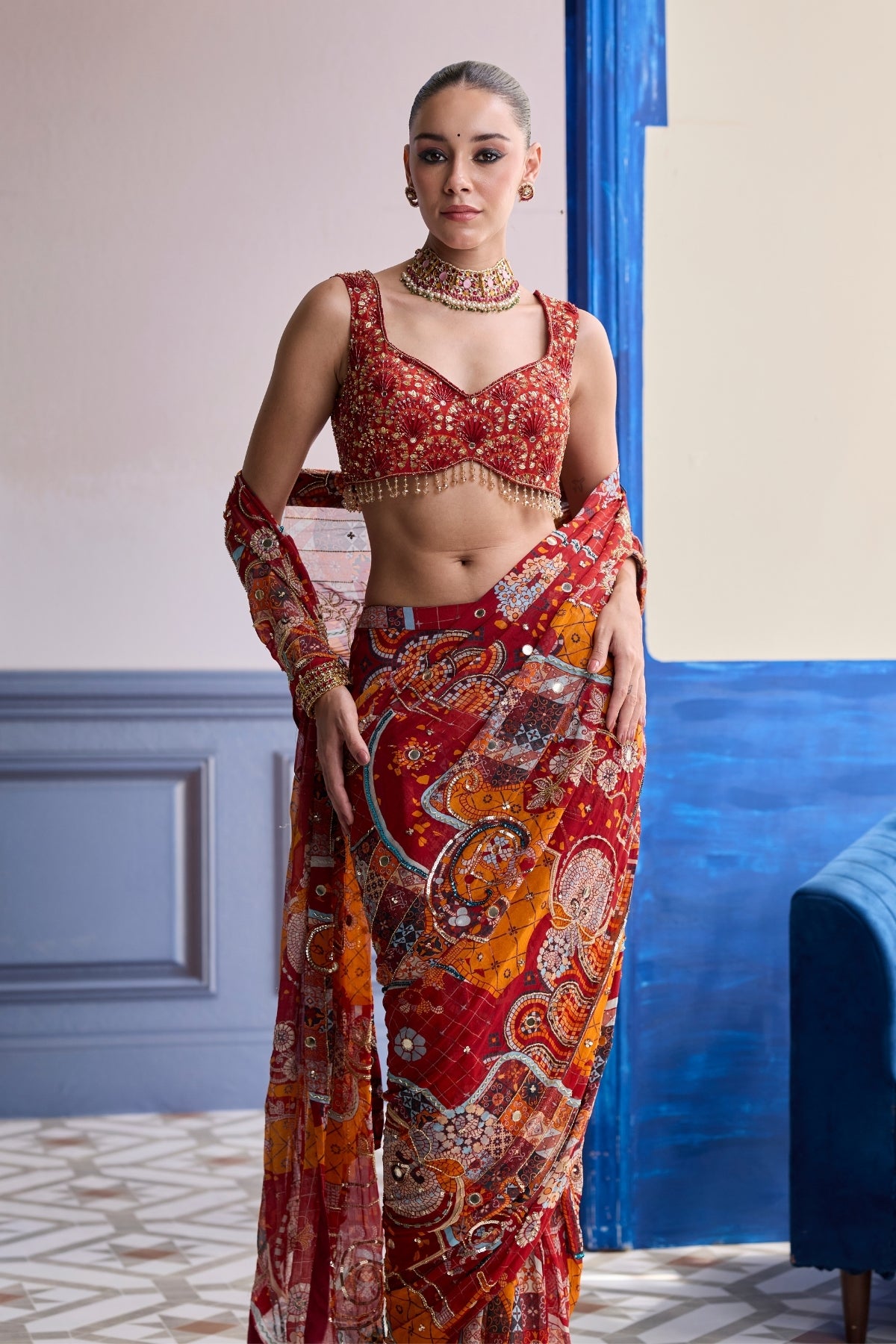 RUST MOSAIC HIGHLIGHTED BLOUSE WITH CLASSIC SKIRT SAREE SET