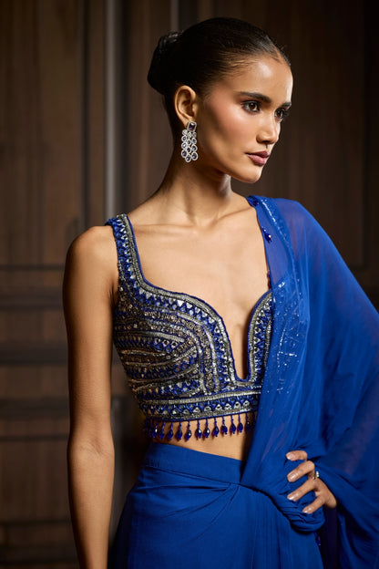 ELECTRIC BLUE EMBELLISHED BLOUSE AND PRE-DRAPED DHOTI SAREE SET