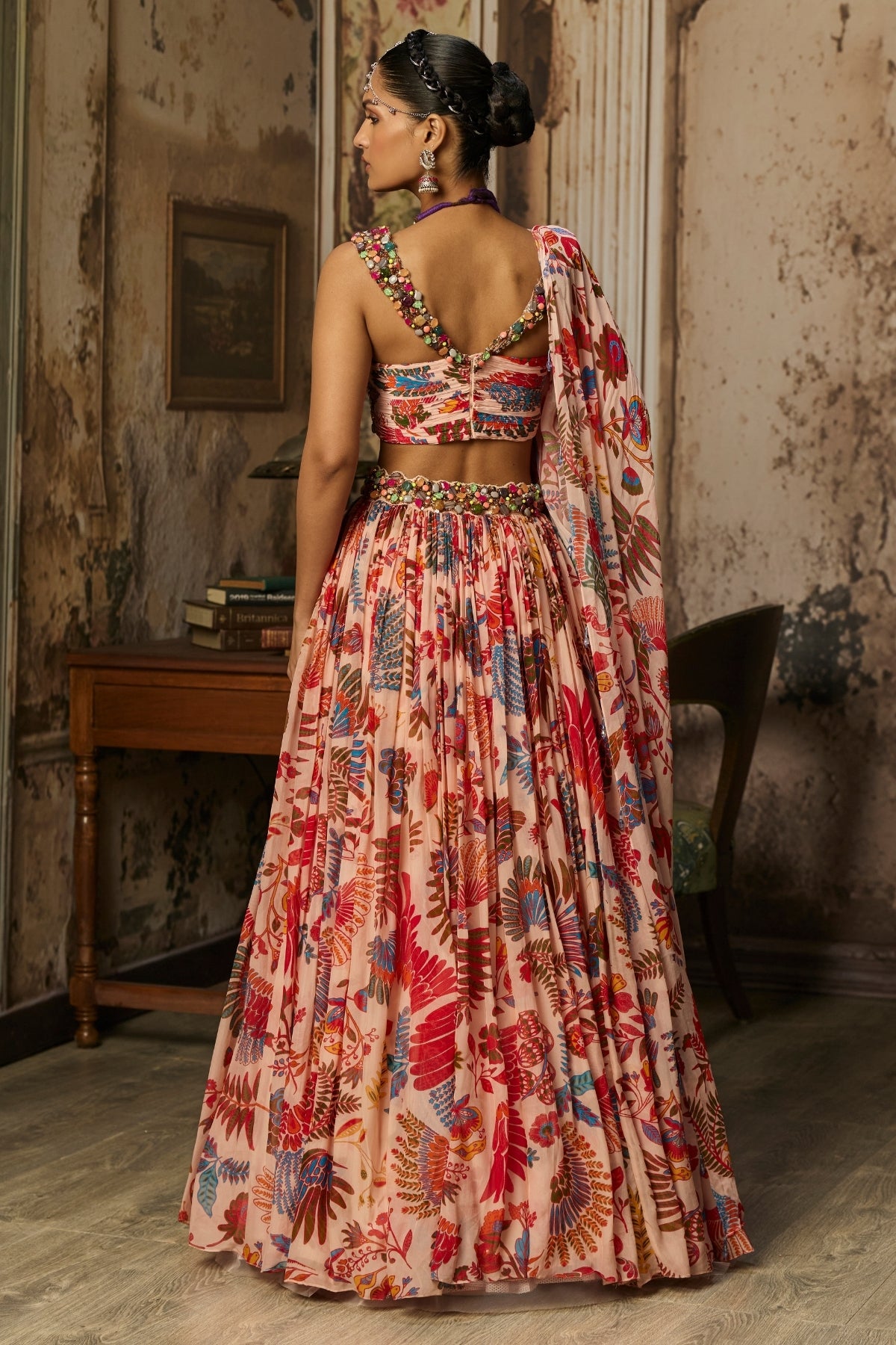 BLUSH PINK STONE EMBROIDERED BLOUSE WITH PRINTED LEHENGA SET
