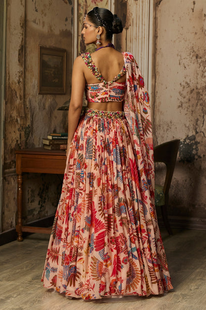 BLUSH PINK STONE EMBROIDERED BLOUSE WITH PRINTED LEHENGA SET