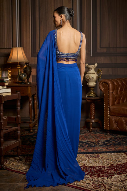 ELECTRIC BLUE EMBELLISHED BLOUSE AND PRE-DRAPED DHOTI SAREE SET