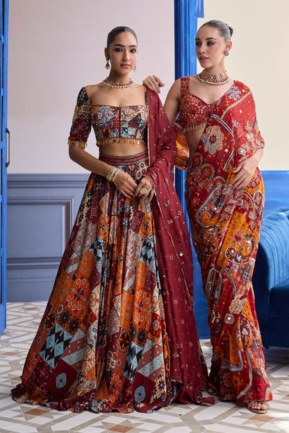 RUST MOSAIC HIGHLIGHTED BLOUSE WITH CLASSIC SKIRT SAREE SET