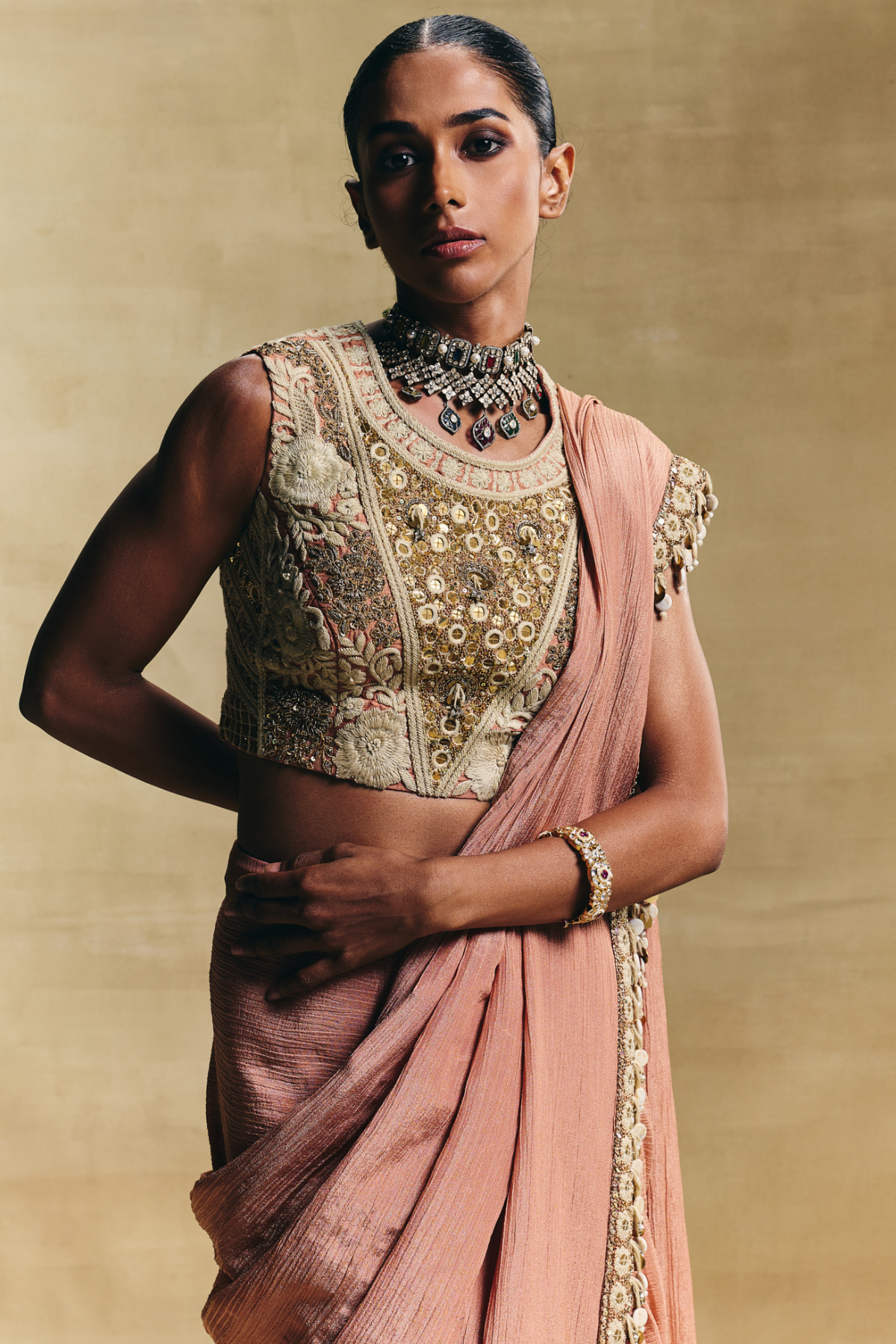 Peach Cropped Blouse With Stitched Saree