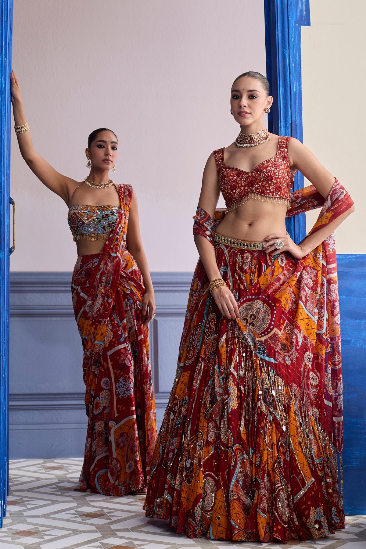 RUST MOSAIC BLOUSE WITH PRE-DRAPED PANELLED SAREE SET