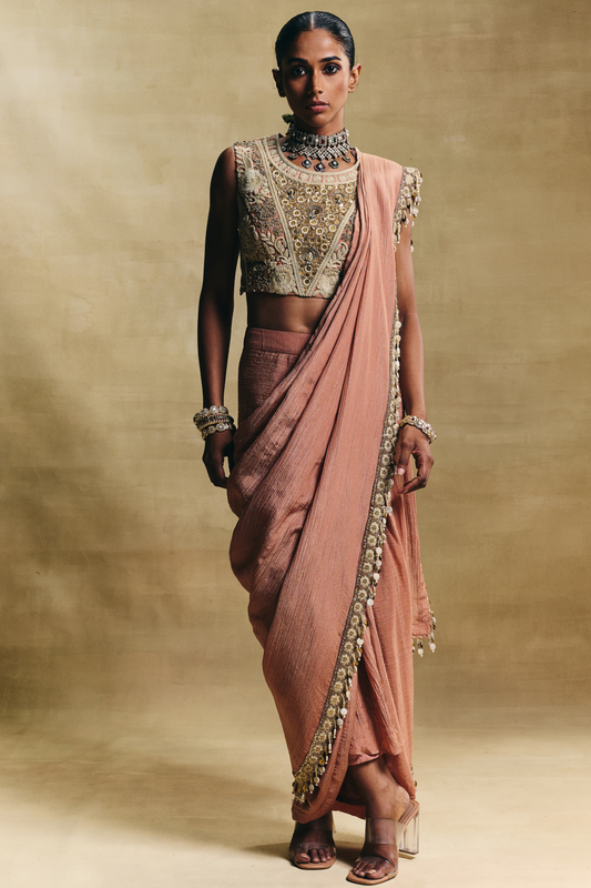 Peach Cropped Blouse With Stitched Saree