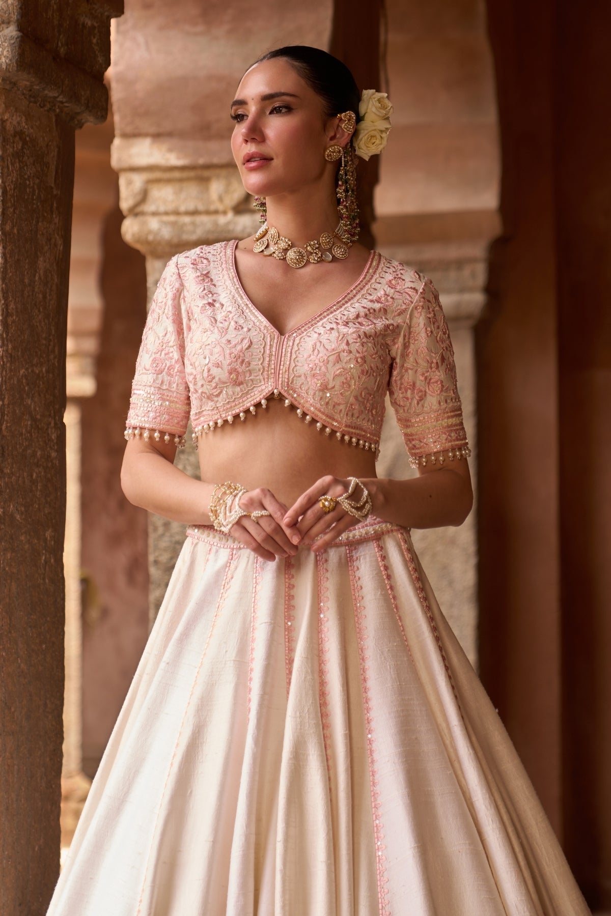 Sayeeda - Daisy Ivory With Pink Embroidered Lehenga