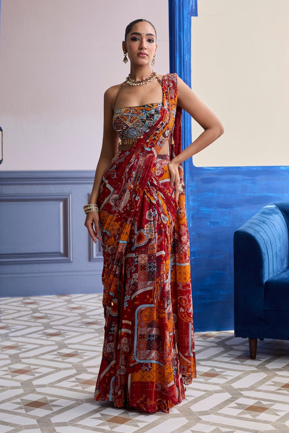 RUST MOSAIC BLOUSE WITH PRE-DRAPED PANELLED SAREE SET