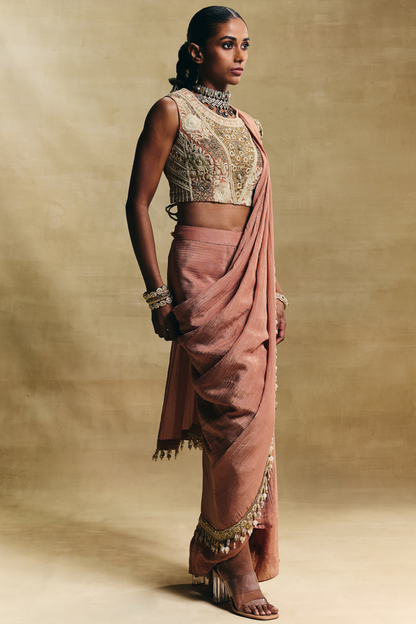 Peach Cropped Blouse With Stitched Saree