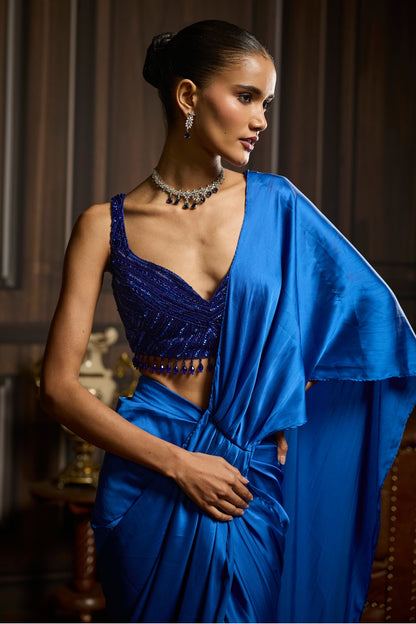 ELECTRIC BLUE EMBELLISHED BLOUSE AND PRE-DRAPED DHOTI SAREE SET