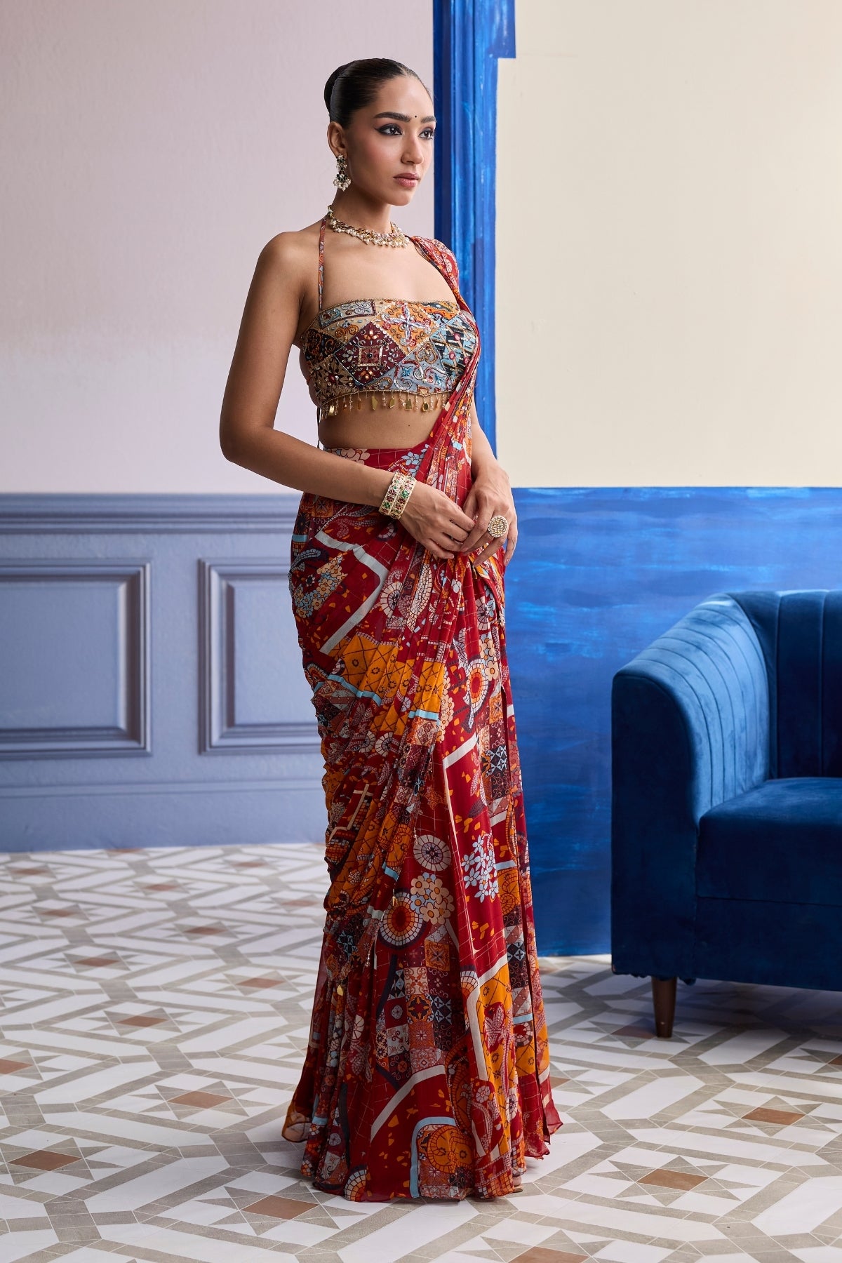 RUST MOSAIC BLOUSE WITH PRE-DRAPED PANELLED SAREE SET