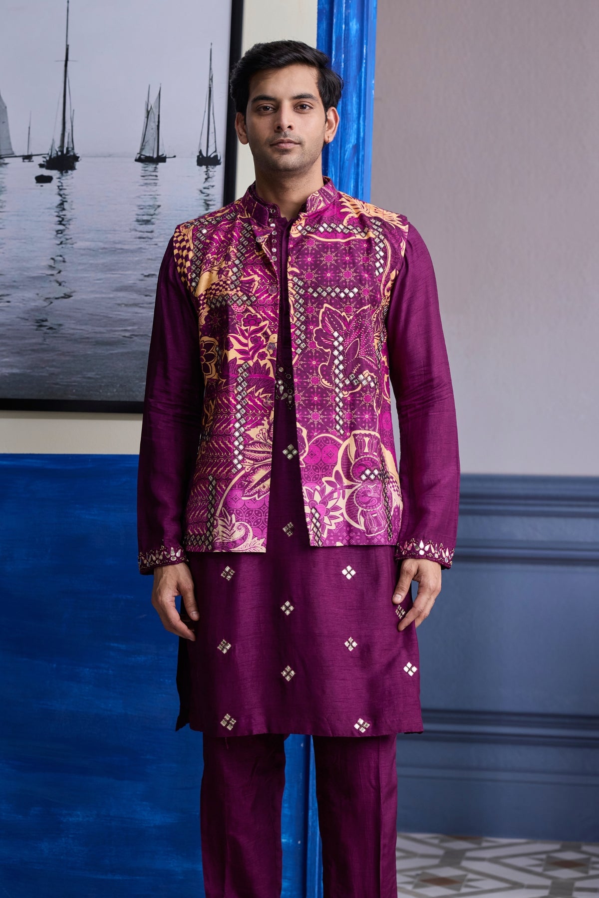 PLUM PRINT HIGHLIGHTED BUNDI WITH SOLID EMBROIDERED KURTA WITH SOLID PANTS