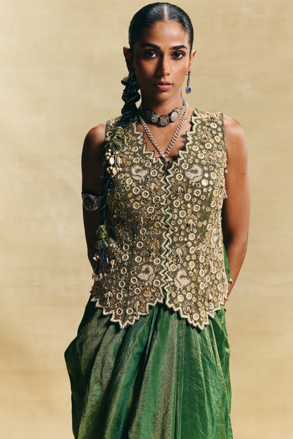 Green waistcoat & draped skirt
