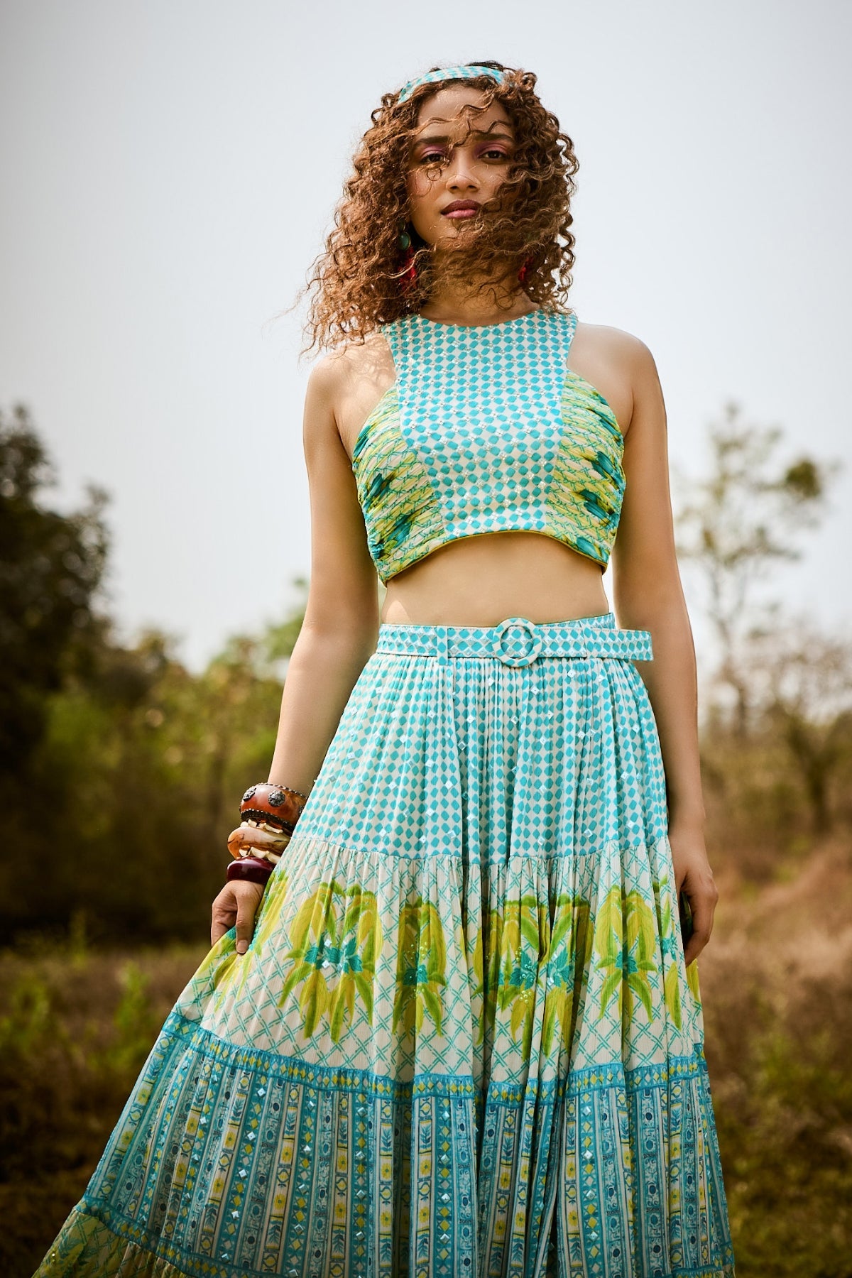 Printed Aqua Green Lehenga Set