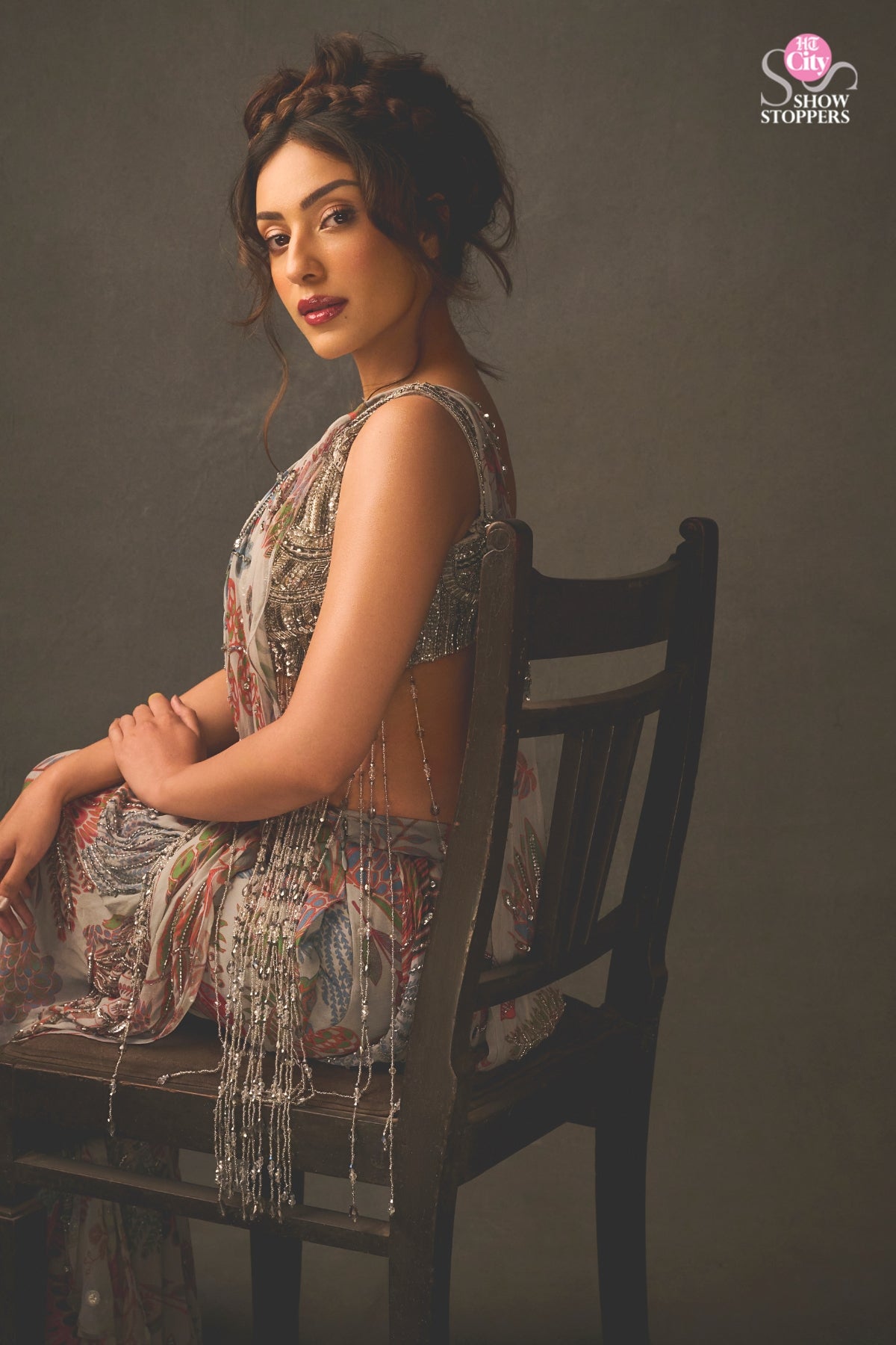 SAHHER BAMBBA IN SLATE GREY EMBROIDERED BLOUSE WITH DHOTI SKIRT SAREE SET