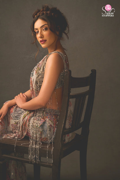 SAHHER BAMBBA IN SLATE GREY EMBROIDERED BLOUSE WITH DHOTI SKIRT SAREE SET