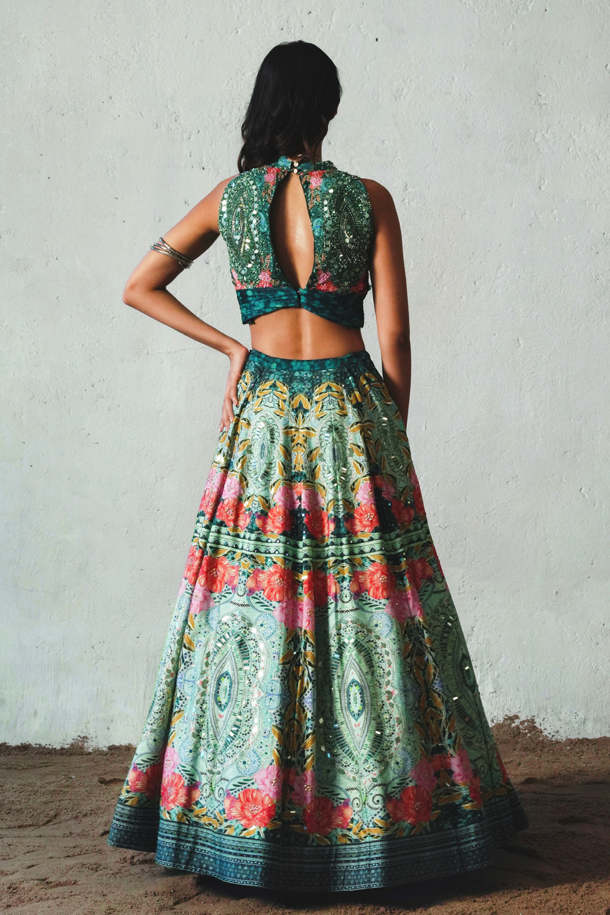 Bottle Green Chiffon Hand Embellished Lehenga Set